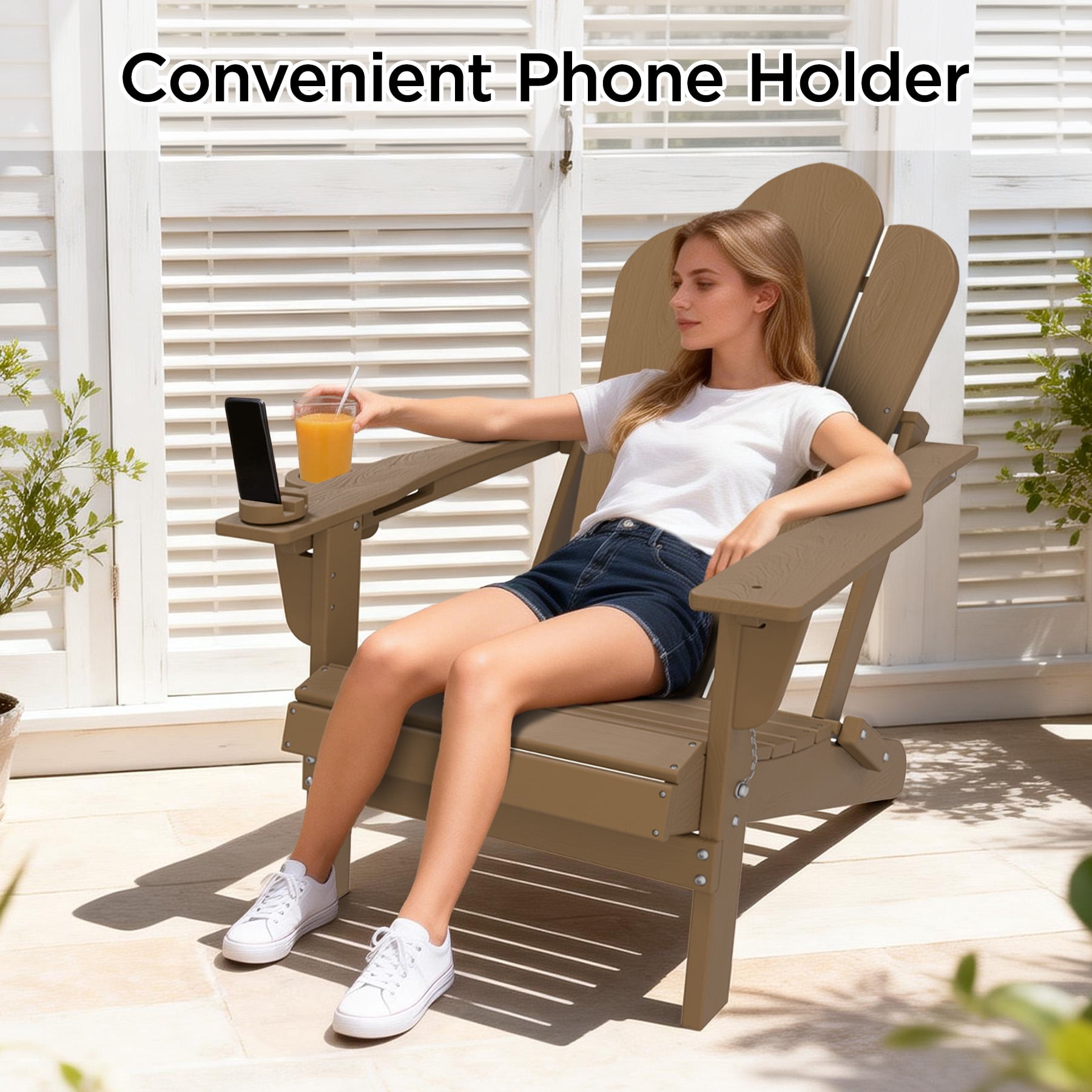 Tappio Folding Adirondack Chair Set of 2, All Weather HDPE Outdoor Patio Chairs with 3- Position Adjustable Backrest, Detachable Multifunctional Holders and Cup Holders, Fire Pit Chairs, Brown