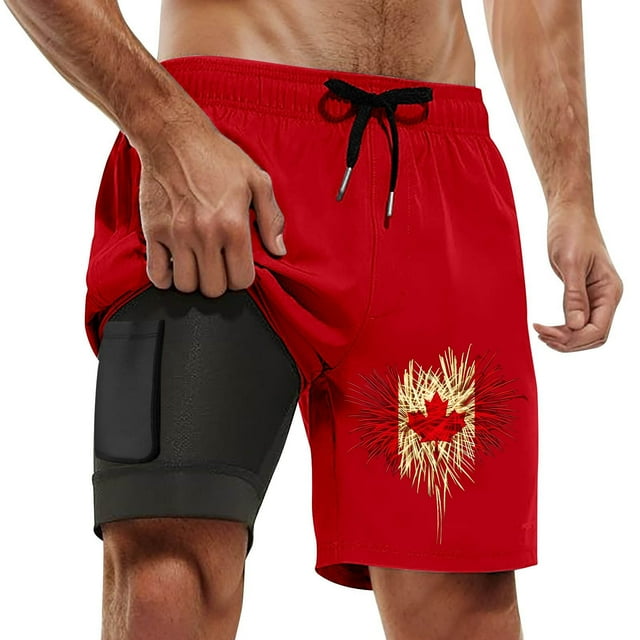 Shorts de Bain Homme Été Shorts Imprimés Double Couche Intérieure Pantalons de Plage avec Poche Short Course Homme Rouge m