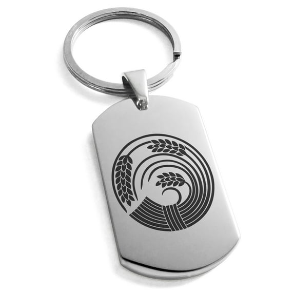 Stainless Steel Circle of Rice Plant Kamon Crest Engraved Dog Tag Keychain Keyring