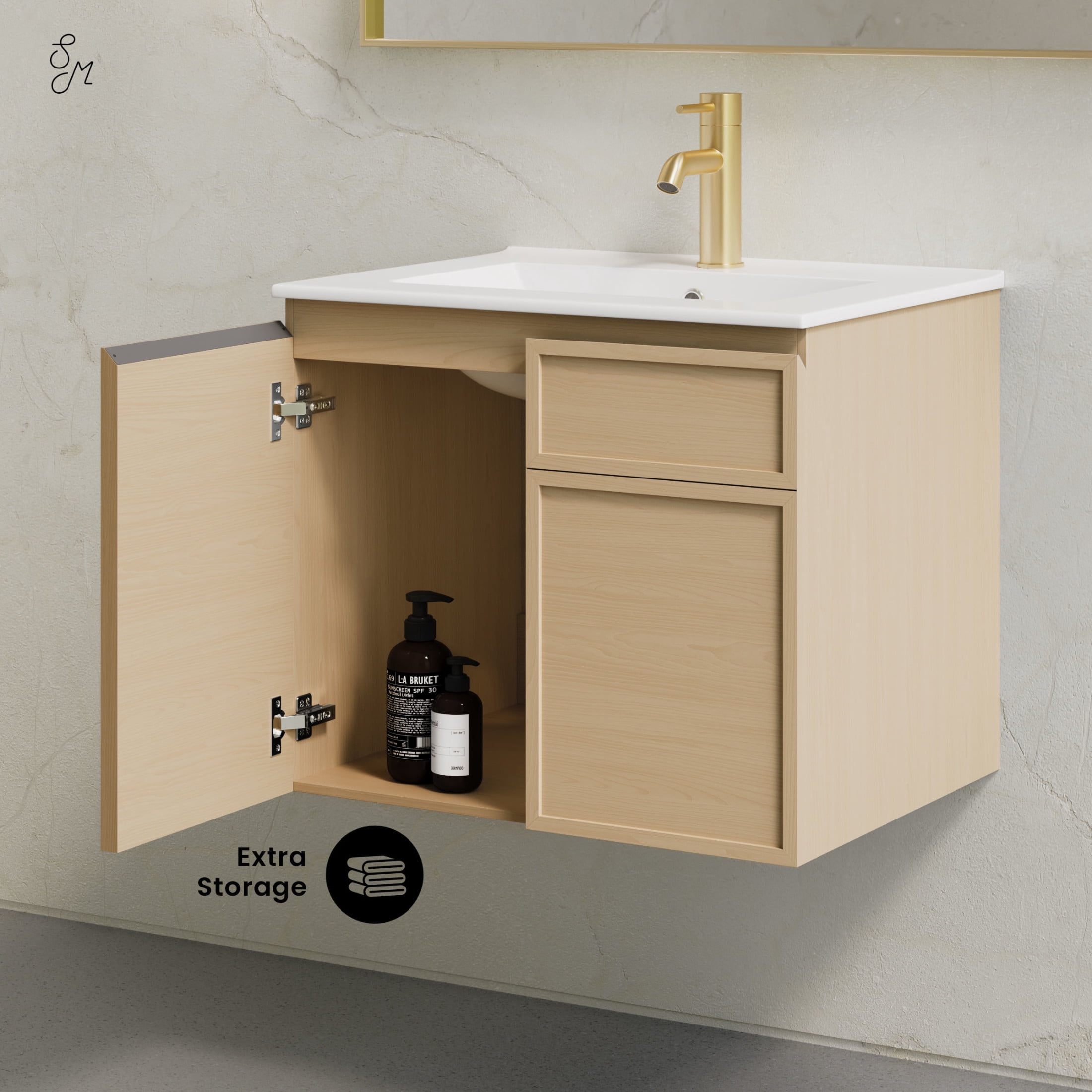 St. Tropez 24" Wall-Mounted Bathroom Vanity in Natural Oak with Sink Top