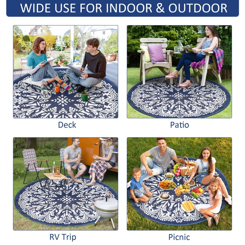 Aonewoe Round Outdoor Rugs 8Ft Waterproof Patio Plastic Straw Rug Reversible Camping Carpet Indoor Outdoor Area Rug for Patio,Deck,Balcony,Picnic,Beach,Outside