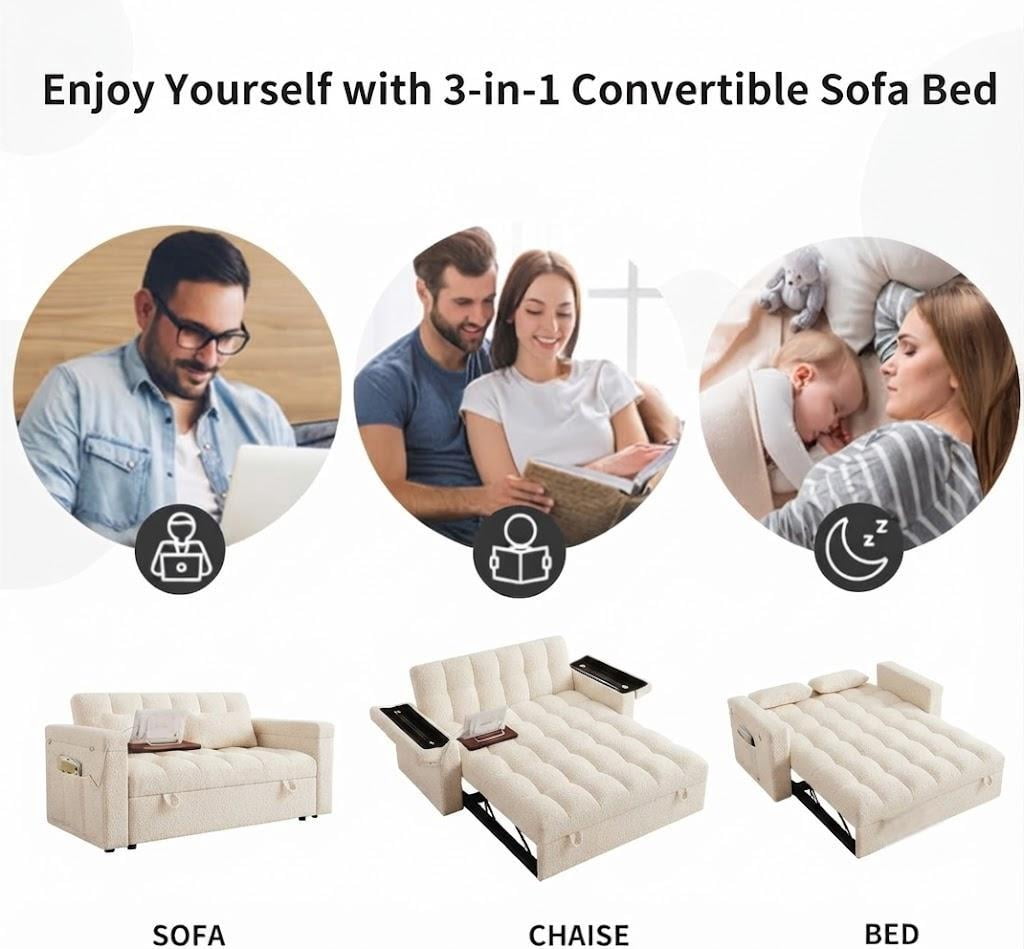 avobird 65" 3-in-1 Convertible Sofa Bed, Pull Out Loveseat with Chenille Fabric/Hidden storage space/Cup holder, Sleeper Sofa Bed for Living Room, Beige