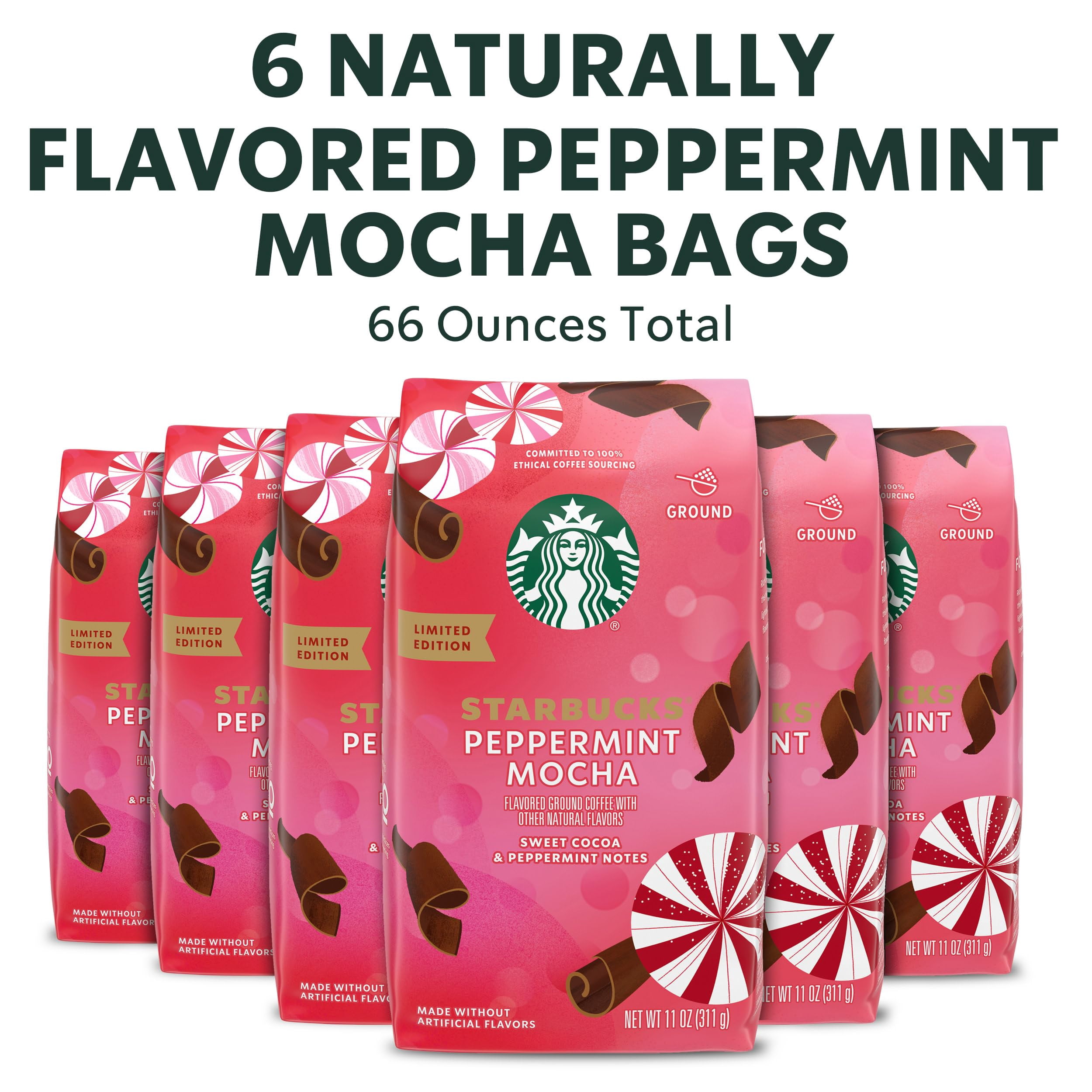 Starbucks Ground Coffee, Peppermint Mocha Naturally Flavored Coffee, 100% Arabica, Limited Edition Holiday Coffee, 6 Bags (11 Oz Each) Packaging May Vary