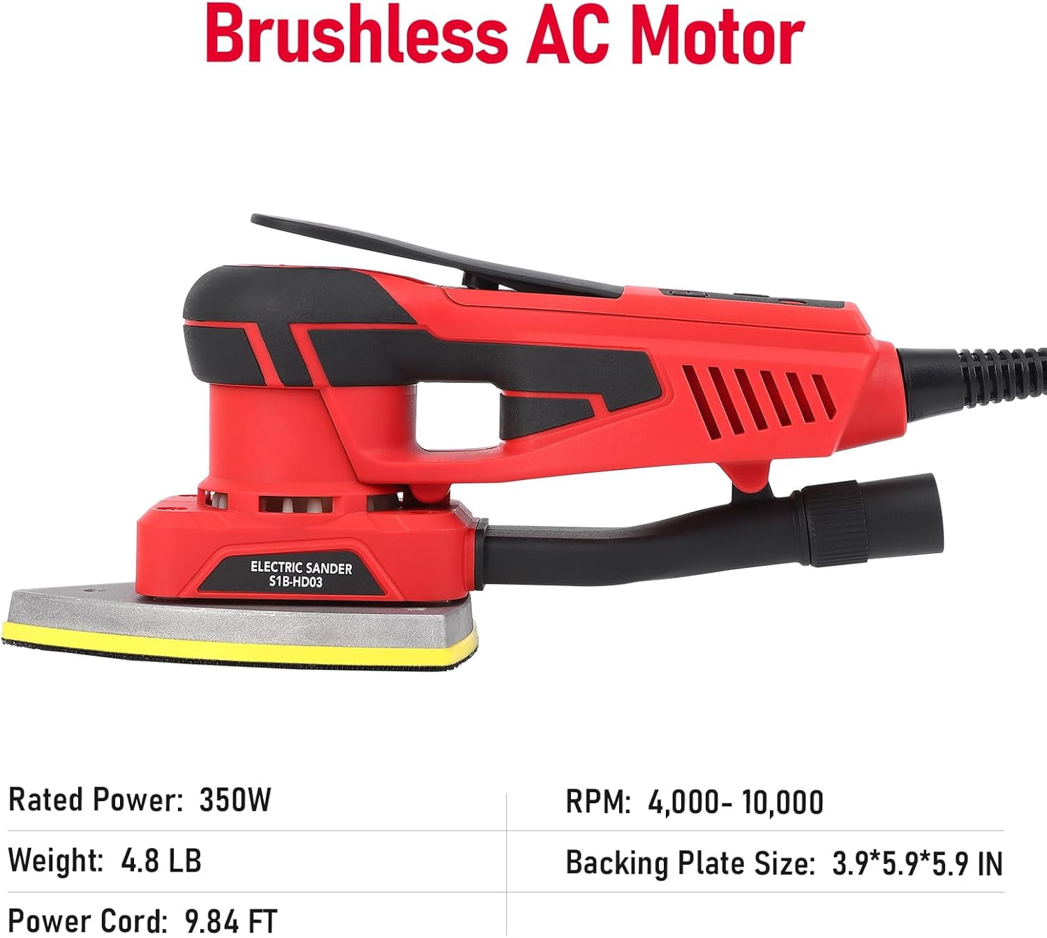 350W Brushless Random Orbital Sander - Variable Speed Up to 10000 RPM Low Vibration Ergonomic Design Includes 12 Sanding Sheets for Woodworking and Detail Sanding