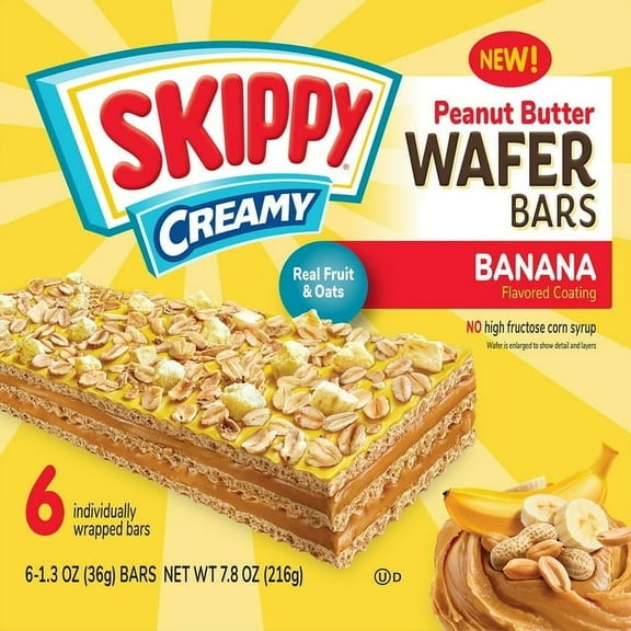 SKIPPY Creamy Banana Coating & Peanut Butter Wafer bars - 6 Individually Wrapped Snack Bars - 1.3 Oz (36g) Per Bar