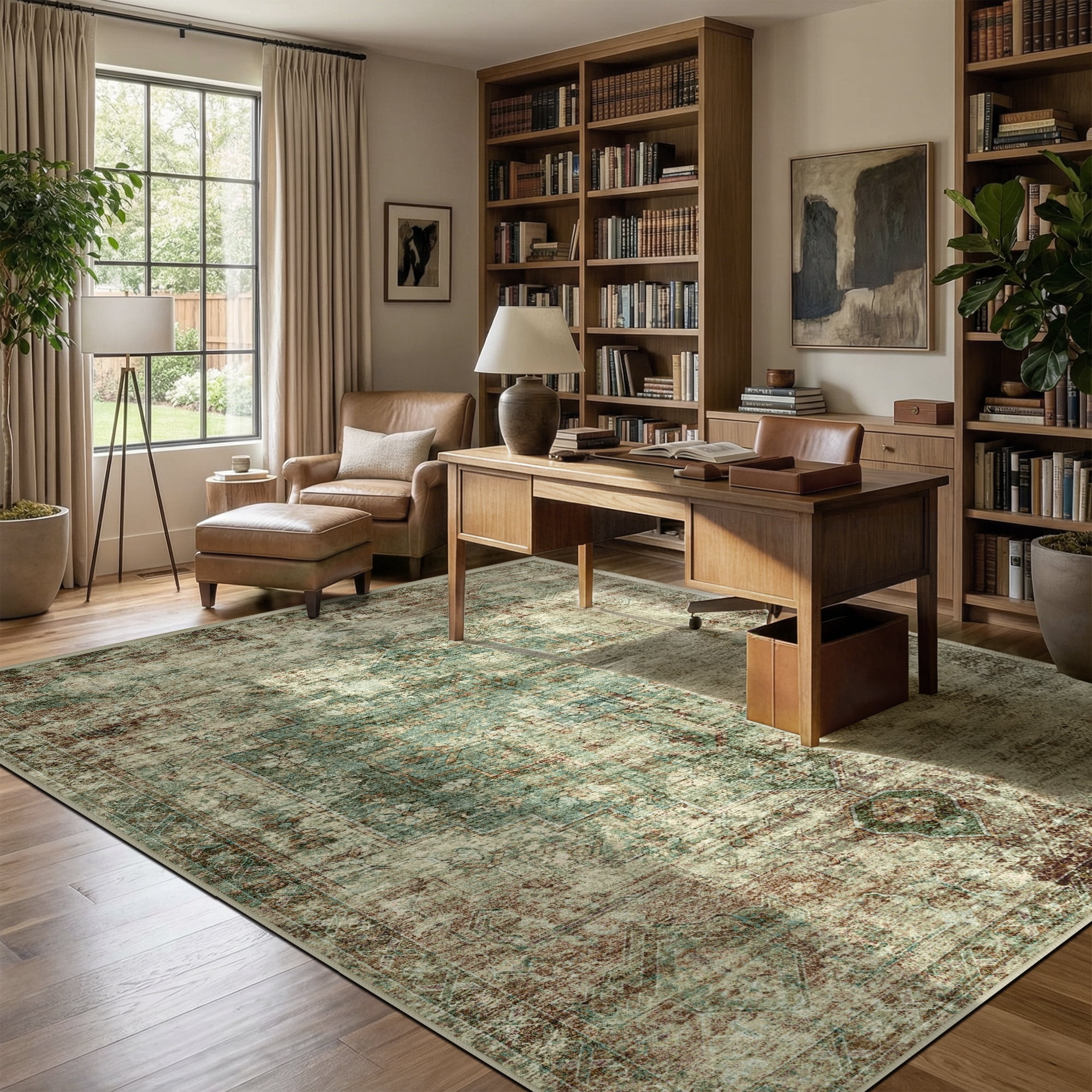 ATHOPE 5x7 Area Rug, Vintage Boho Medallion Rugs Non-Slip Soft Low Pile Washable Rug Large Distressed Rug Indoor Retro Carpet for Living Room Bedroom Dining Room Home Office, Green Brown