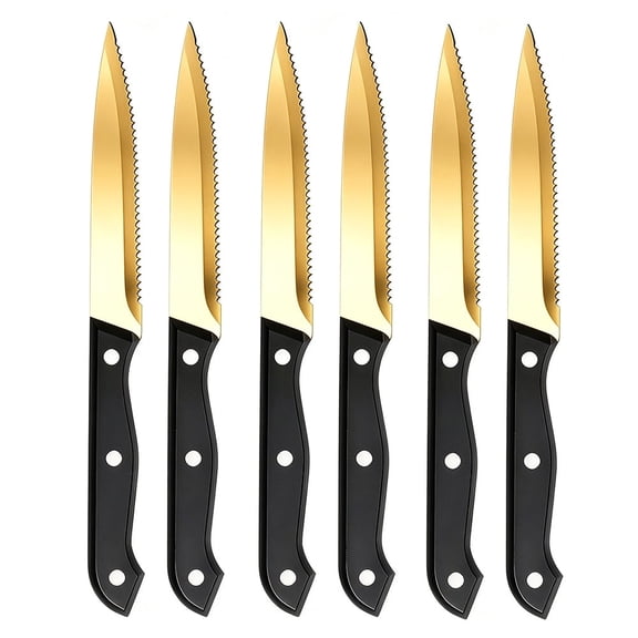 TVQUYET Gold Steak Knives, 6 Piece Premium Stainless Steel Serrated Kitchen Dinner Knife Cutlery Set, Sharp Meat Cutting Cooking Knives for Wedding Restaurant Party,Dishwasher Safe