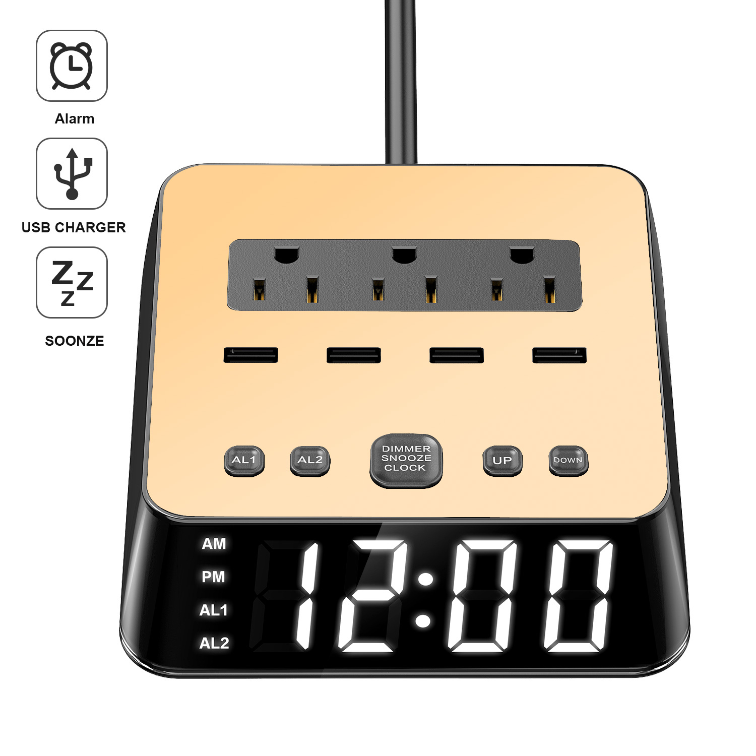 Alarm Clock, Digital Alarm clock with USB Charging ports and AC Outlets