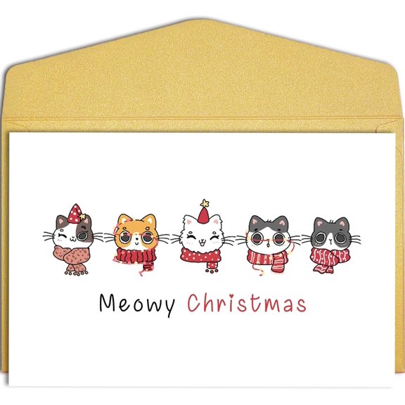 Meowy Christmas Card with Adorable Cat Illustrations – Fun Holiday Greeting Card – Includes Gold Envelope – Perfect for Cat Lovers and Holiday Greetings
