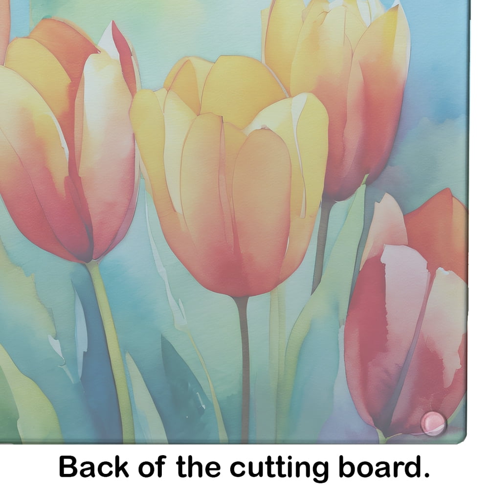 Tulips in Watercolor Glass Cutting Board Large 12 in x 15 in