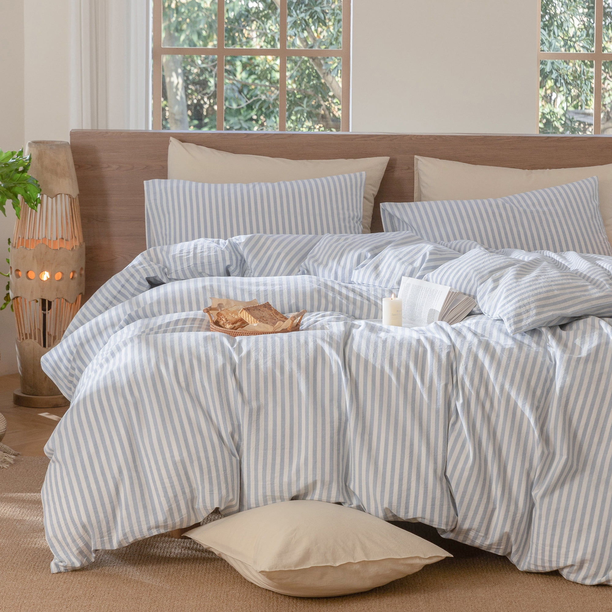 MooMee Striped Duvet Cover Set Full 100% Washed Cotton Linen Like Textured Breathable 3-Piece (Cornflower Blue& White Classic Stripes)