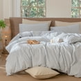 thumbnail image 5 of MooMee Striped Duvet Cover Set Cal-King 100% Washed Cotton Linen Like Textured Breathable 3-Piece (Cornflower Blue& White Classic Stripes), 5 of 6