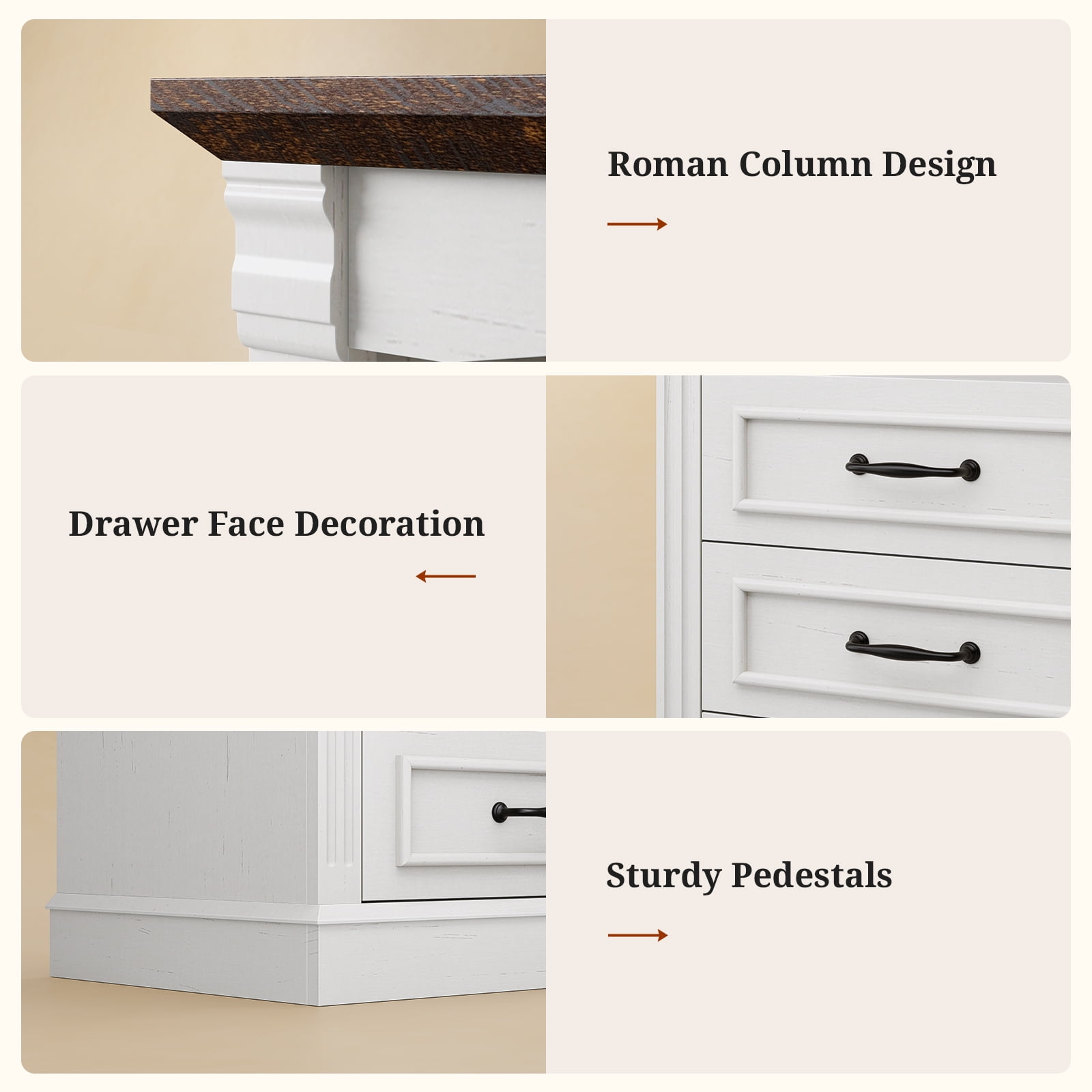 61" Tall Nightstand Set of 2 with Charging Station and LED Lights, End Table with 3 Adjustable Shelves and 3 Drawers, Roman Column Design, Modern White