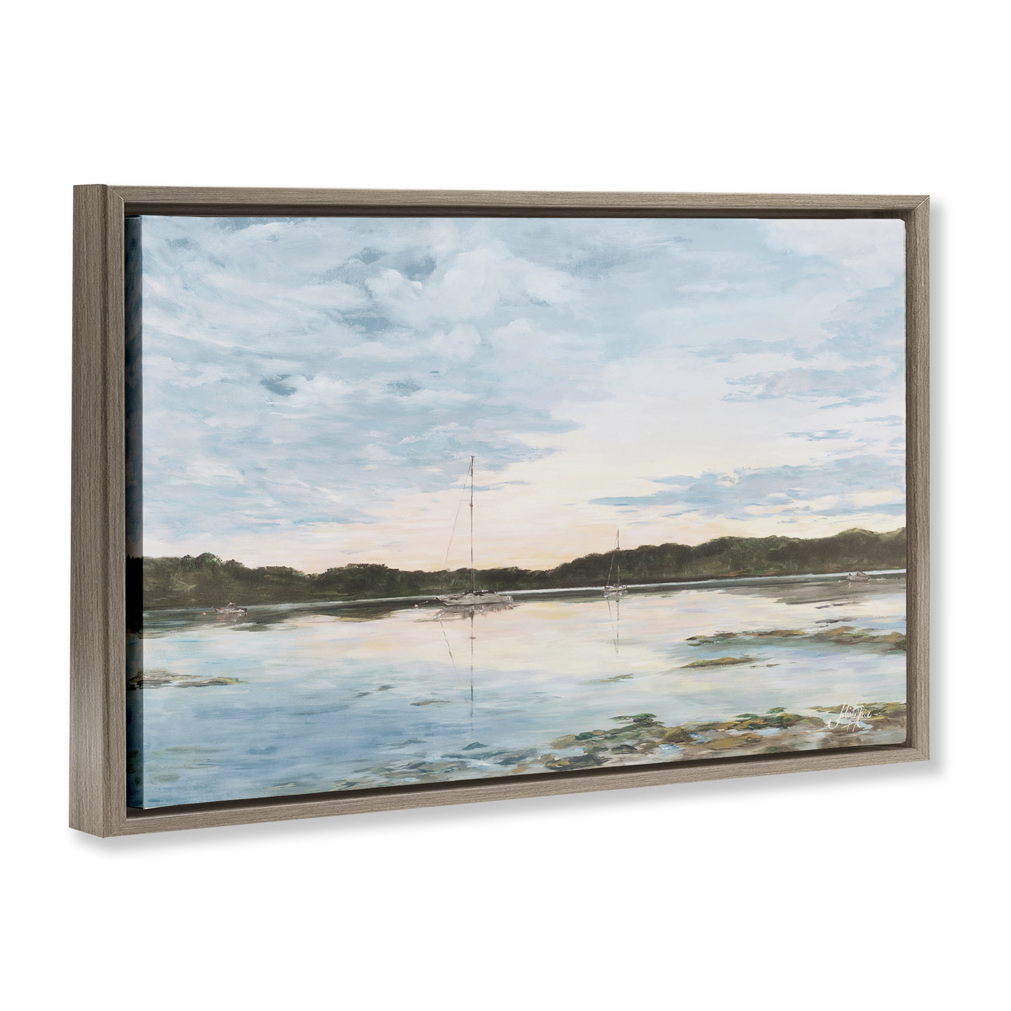 Stupell Industries Quiet Day on Lake Landscape Painting Brown Floater Framed Canvas Art Print Wall Art, 31 x 21