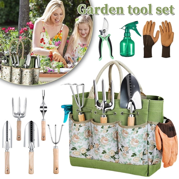 8-Piece Stainless Steel Garden Tool Kit with Floral Tote Bag - Complete Set with Wooden Handles for Gardening Enthusiasts