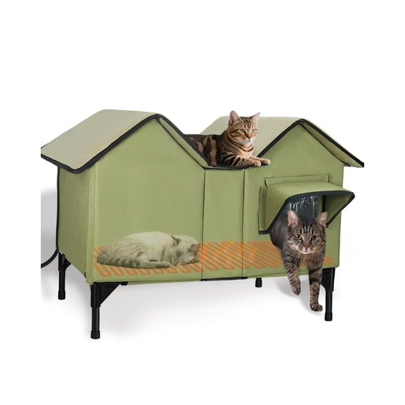 Heated Cat House for Outside Cats in Winter, Weatherproof Insulated Cat Shelter with Elevated Base & Escape Door for Multiple Cats (Green)
