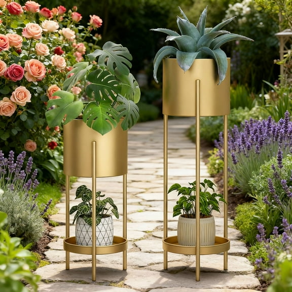 Elegant 2-Tier Plant Stand, Gold Wrought Iron Display Shelf for Home Decor Indoor & Garden