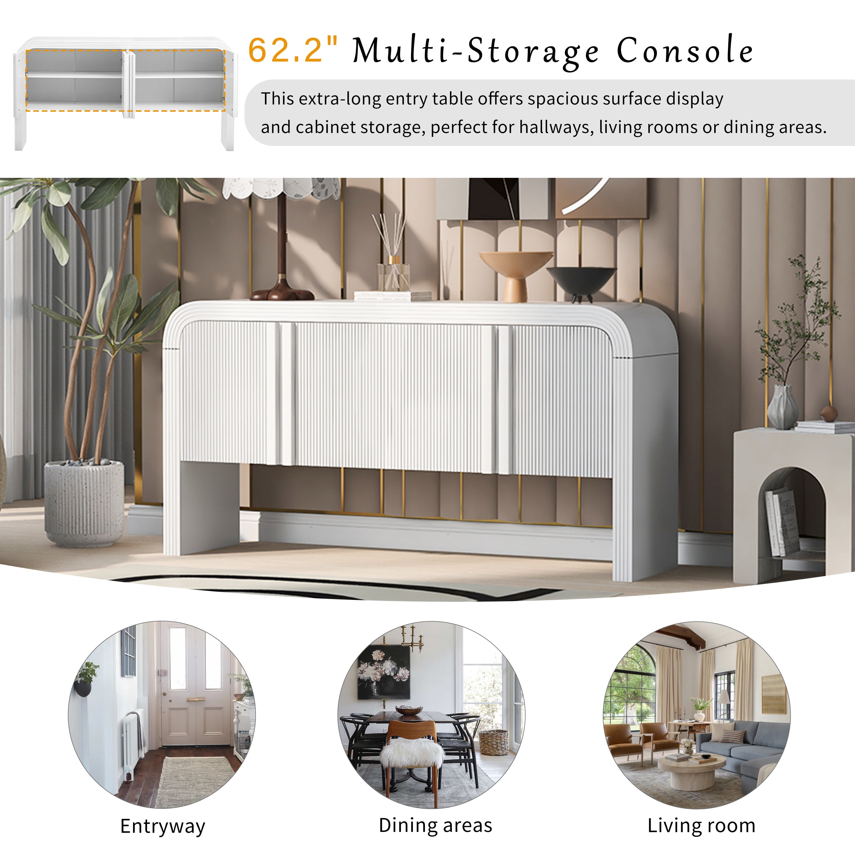 Aukfa 4-Door Striped Storage Cabinets, Sideboard Console Table for Hallway Living Room,White
