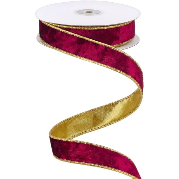 Cinta de terciopelo rojo vino y dorado de 10 yardas, con alambre, de 0.98 pulgadas de ancho, de una sola cara, con reverso dorado.