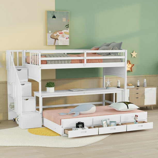 Twin XL Loft Bed with Desk and Twin Size Trundle, Solid Wood Bunk Bed with 3 Storage Drawers and