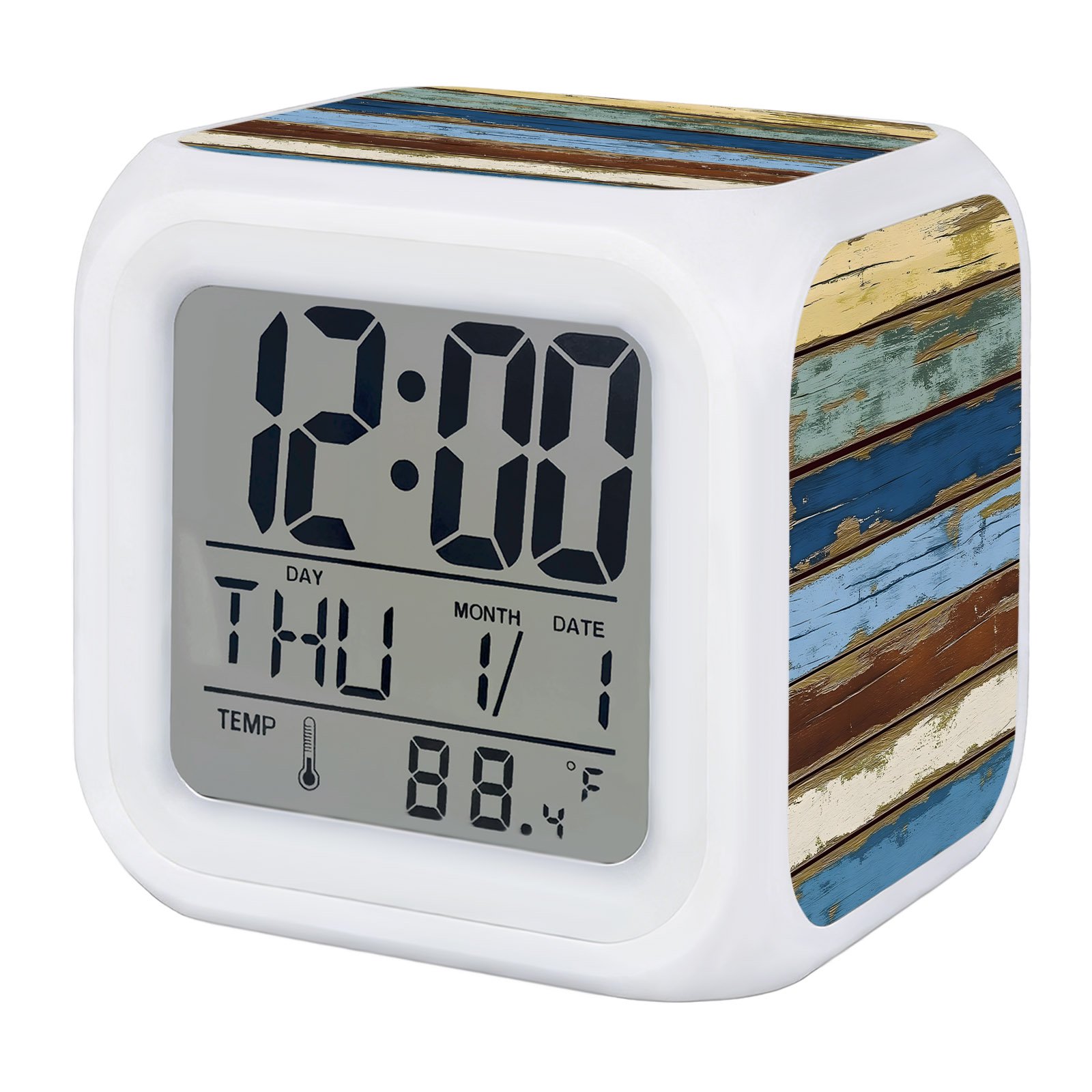 Vintage Alarm Clock, Farmhouse Blue Brown Wood Grain Country Style Digital Clock Night Light with 7 Color, Calendar Temperature Display, LED Desk Small Clock for Bedrooms Bedside Living Room