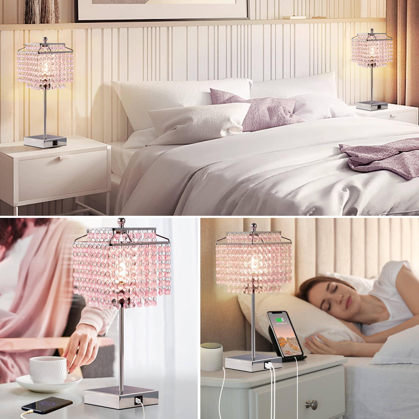 NATYSWAN Crystal Touch Table Lamp, Pink Bedside Lamp with USB C+A Ports, 3-Way Dimmable Lamp with Crystal Shade, Nightstand Lamp for Girl Bedroom, Living Room, Bulb Included