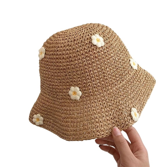 Women's Foldable Straw Hat Wide Brimmed Sun Protection Summer Beach Travel Floral Embellished Lightweight Breathable Bucket Hat