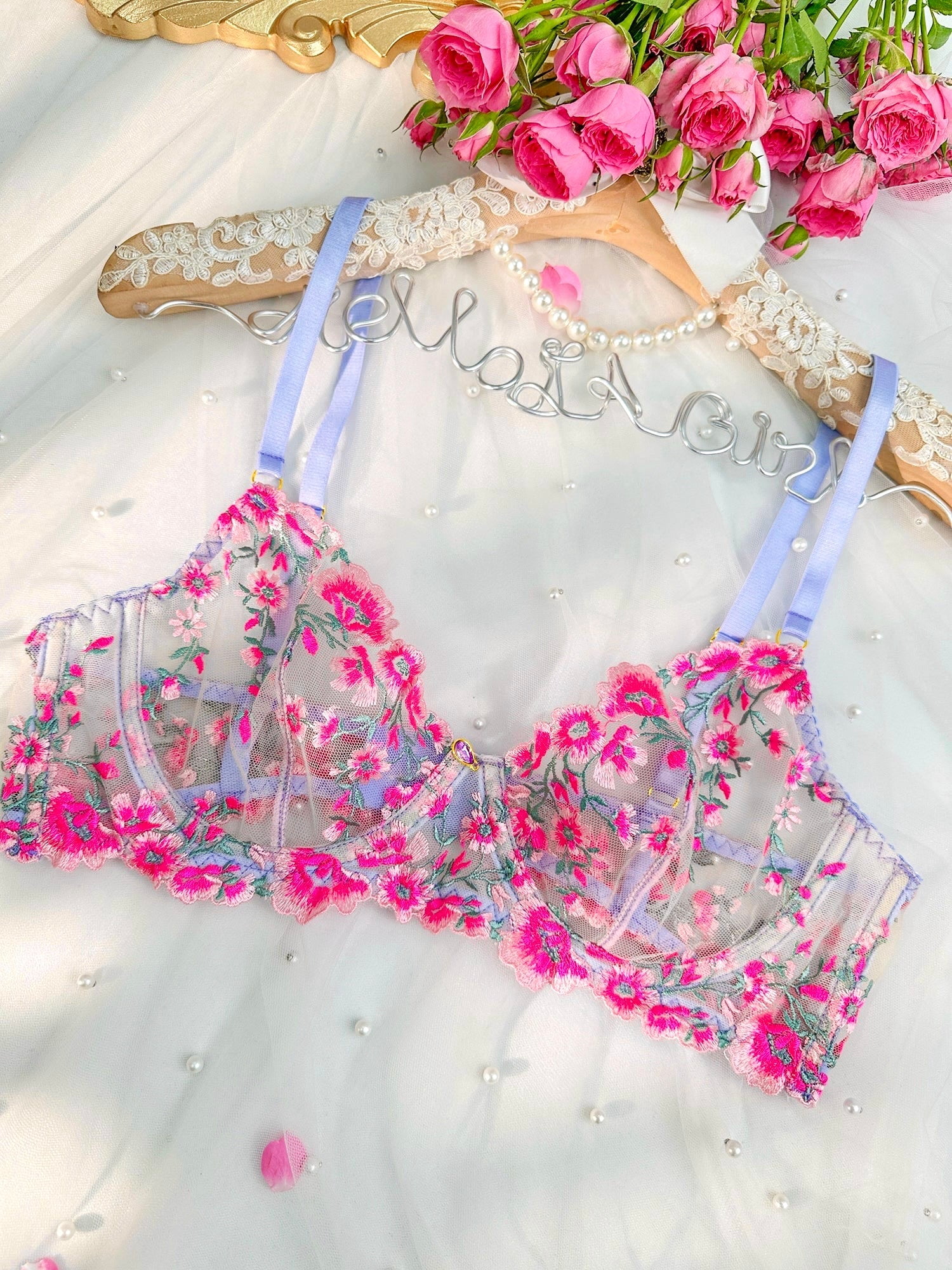 Fantasy Pink Bloom Embroidery Lingerie Set (PINK, M)