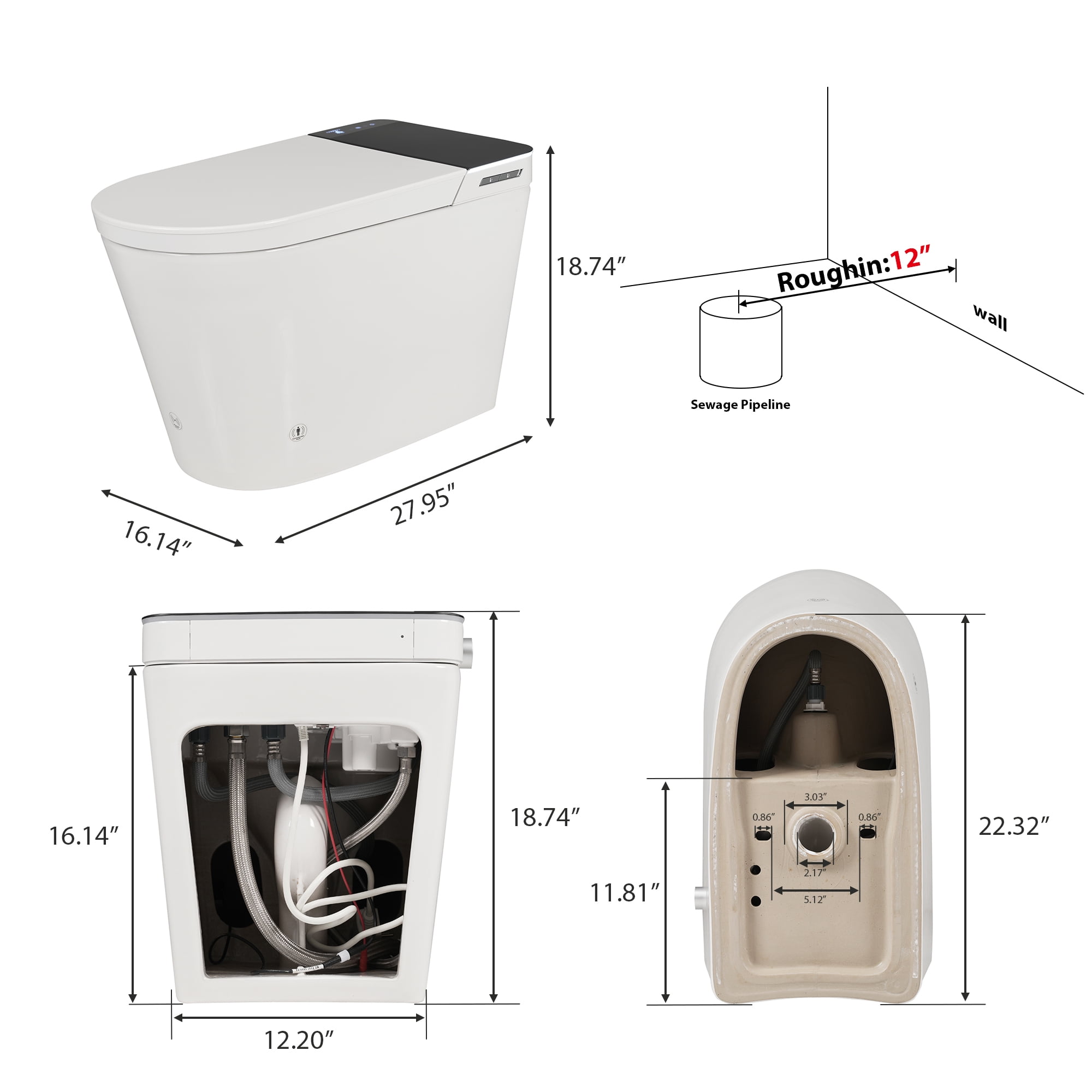 Alvantor Tankless Smart Toilet w/ Built-in Bidet, Wider Bidet with Heated Seat, Auto Open & Close, Warm Water and Dry, Foot Sensor, Display, Remote Control, White