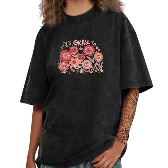 UNISHE Women's Washed It's Okay To Be Different Floral Positive Tees Tops Message Graphic Short Sleeve