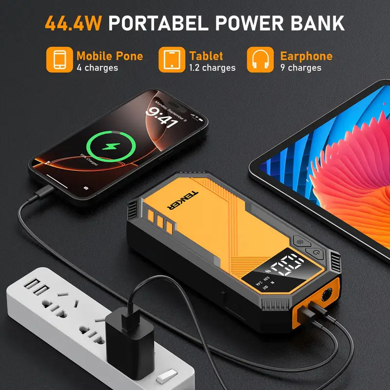 5000A Car Battery Charger Jump Starter, Portable Car Jump Starter with Dual USB Quick Charge and DC Output, 12V Jump Pack with Built-in LED Bright Light, Yellow