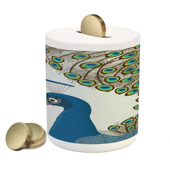 Peacock Piggy Bank, Illustration of Peacock Bird Forming a Frame with Its Feathers Eastern Exotic Fauna, Ceramic Coin Bank Money Box for Cash Saving, 3.6" X 3.2", Multicolor, by Ambesonne