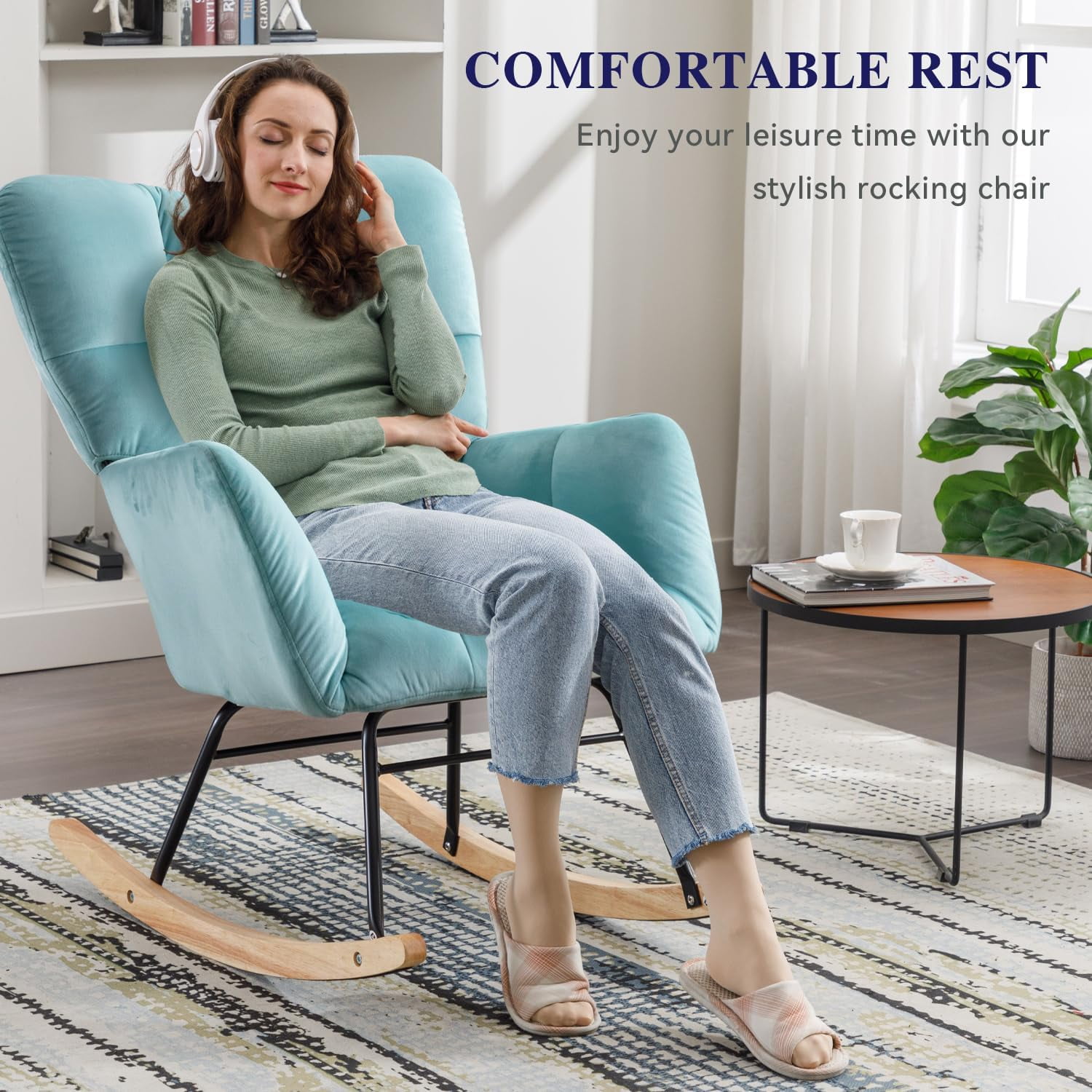 Rocking Chair Nursery Teddy Upholstered Glider Rocker High Backrest Nursery Rocker Comfortable Stylish Accent Armchair for Living Rooms Bedrooms Offices