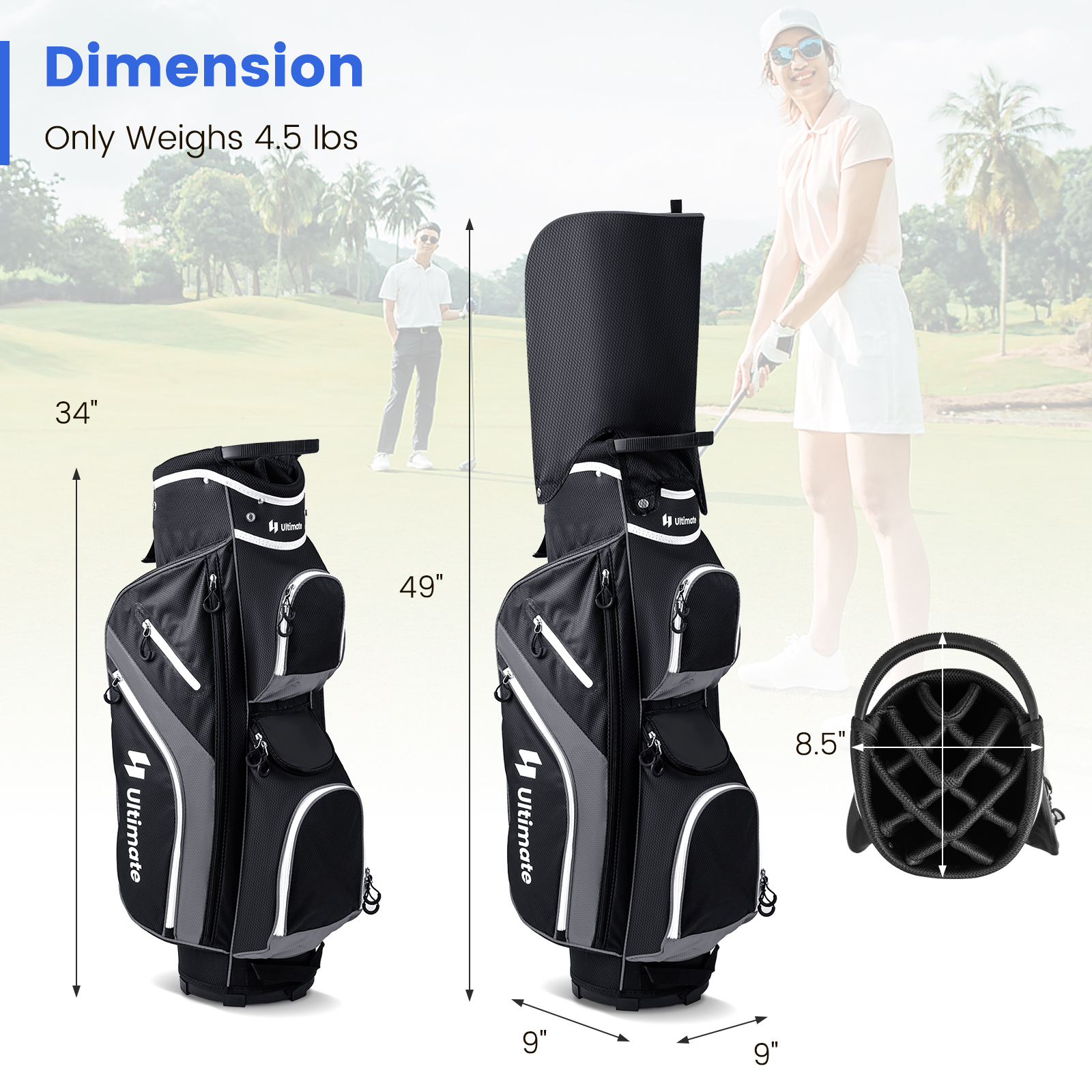 Topbuy 14-Way Golf Cart Bag Golf Club Bag with 14 Ways Organizer Divider Top 9 Zippered Pockets Cooler Bag Umbrella Holder Grey