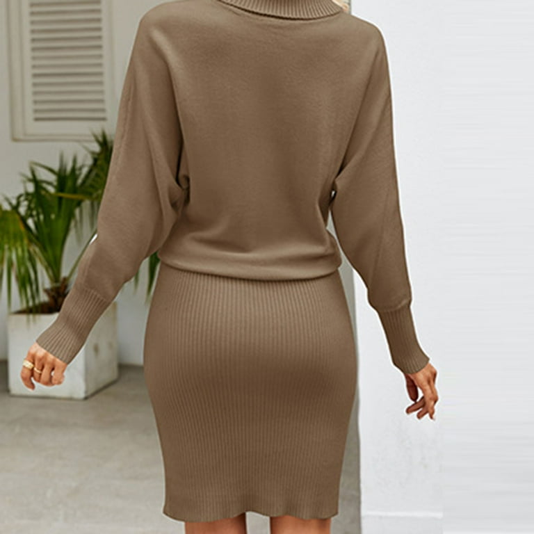 Women's Turtleneck Sweater Dresses Long Sleeve Tie Waist Sweater Dress  Casual Sheath Jumper Dresses Fall Winter Ribbed Knit Pullover Midi Sweater  Dress Khaki XL - Walmart.com