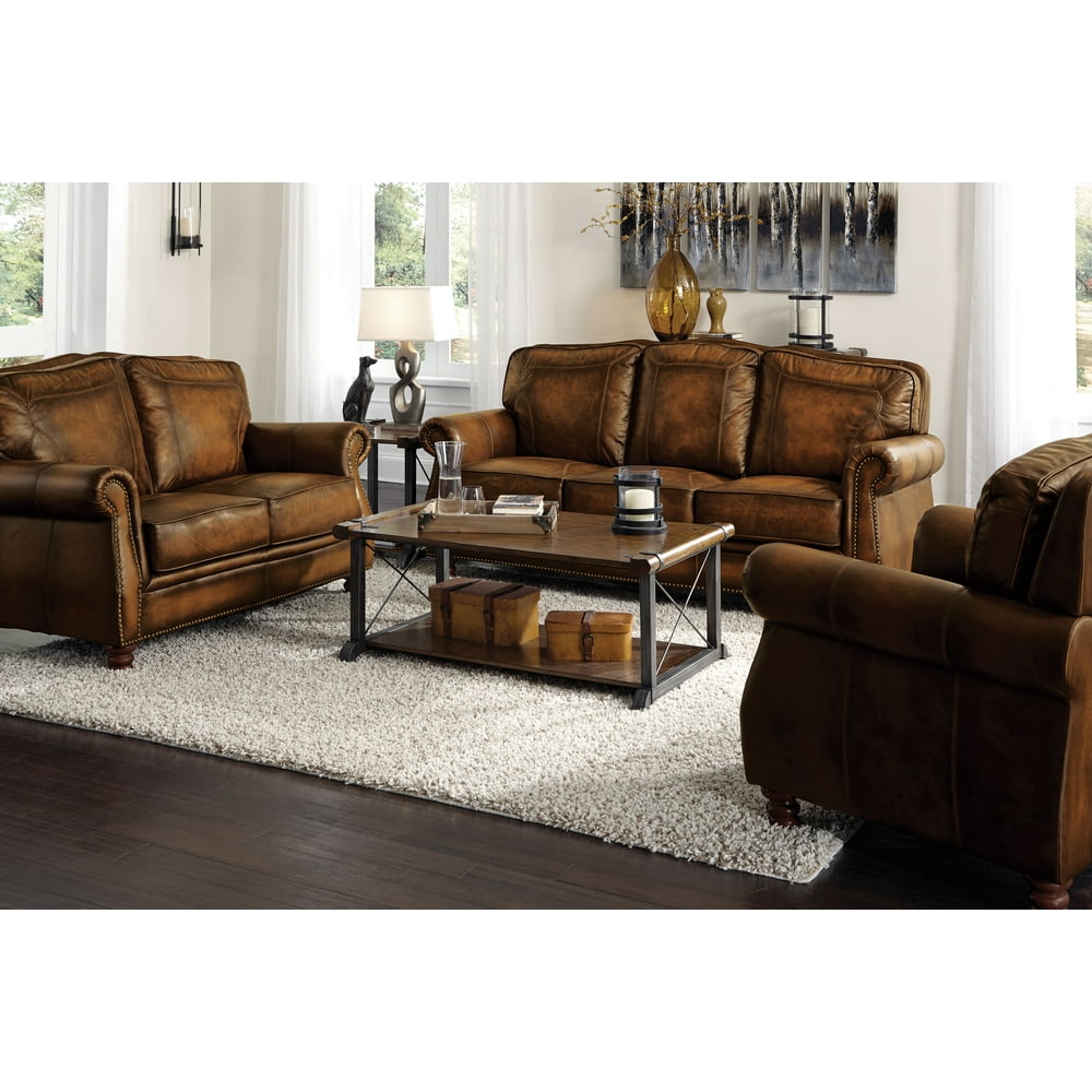 3Pc Living Room Set in Rubbed Brown Finish