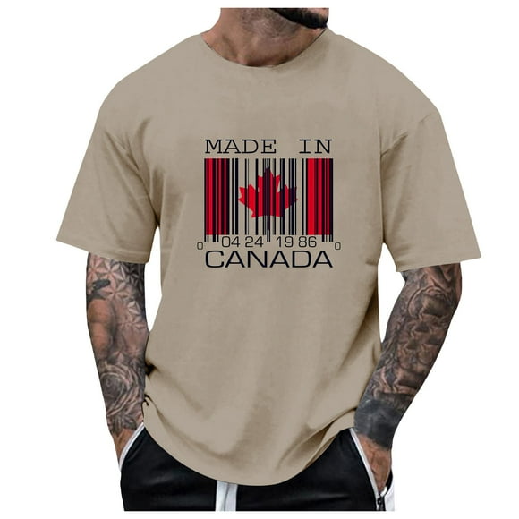 aDJFDGT White and Black T Shirts for Men Men's Summer Fashion Canada National Day Partial Printed T Shirt