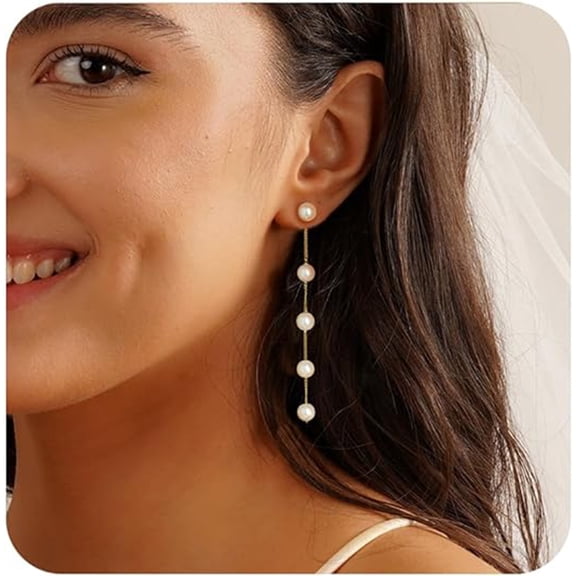 Pearl Earrings for Women, 14K Gold Plated White Long Drop Pearl Dangle Earrings Trendy Jewelry Gifts