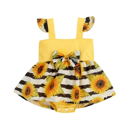 

ZHUASHUM Kids Girls Toddler Beach Sunflowers Prints Fly Suspend Sleeves Floral Princess Bowknot Girls Romper Outfit