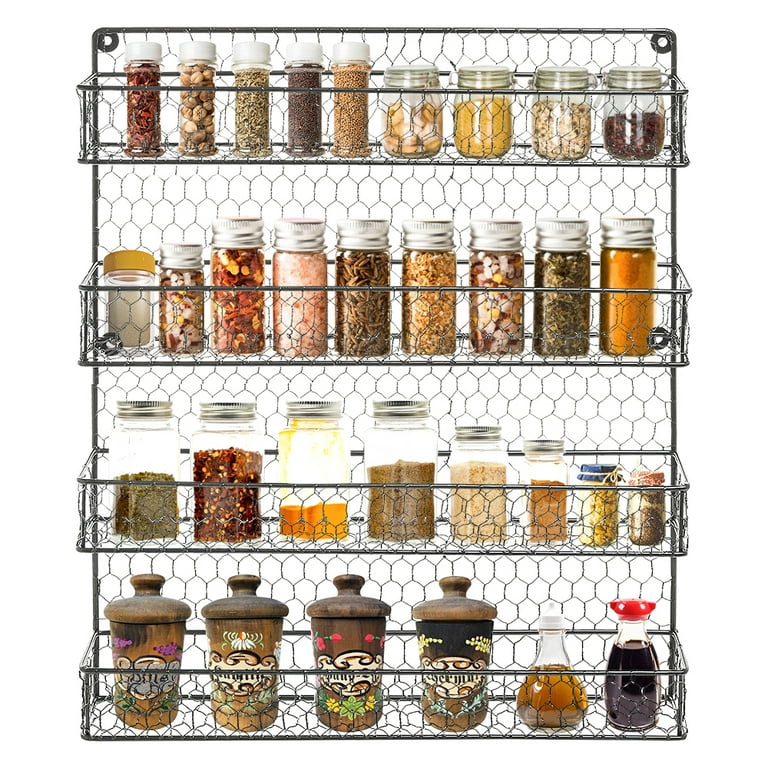 Spice Rack Organizer Wall Mounted 4-Tier Stackable Black Iron Wire Hanging  Spice Shelf Storage Racks,Great for Kitchen and Pantry Storing Spices