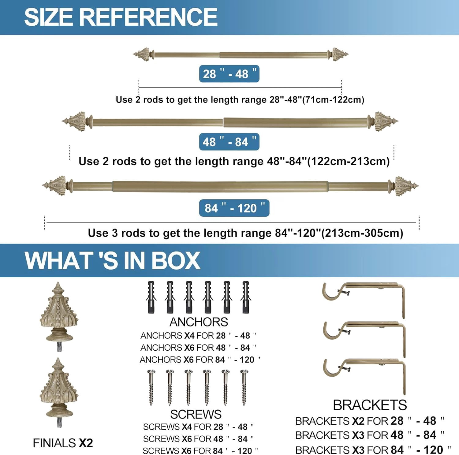 Urbanest Adjustable Single Curtain Rod Set Regale Finials – 1 - Inch Diameter, With Cottage Rod, 28–48 Inches