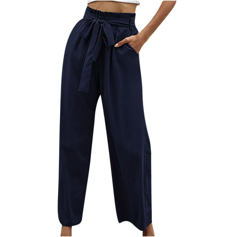 SELONE Palazzo Pants for Women Petite Formal High Waist High Rise Wide Leg  Trendy Casual with Belted Long Pant Solid Color High-waist Loose Pants for Everyday  Wear Running Work Casual Event Blue