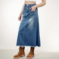 thumbnail image 6 of Women's High Waist A-Line Denim Maxi Skirt with Front Patch Pockets and Raw Hem Detail - Small, Blue, 6 of 7