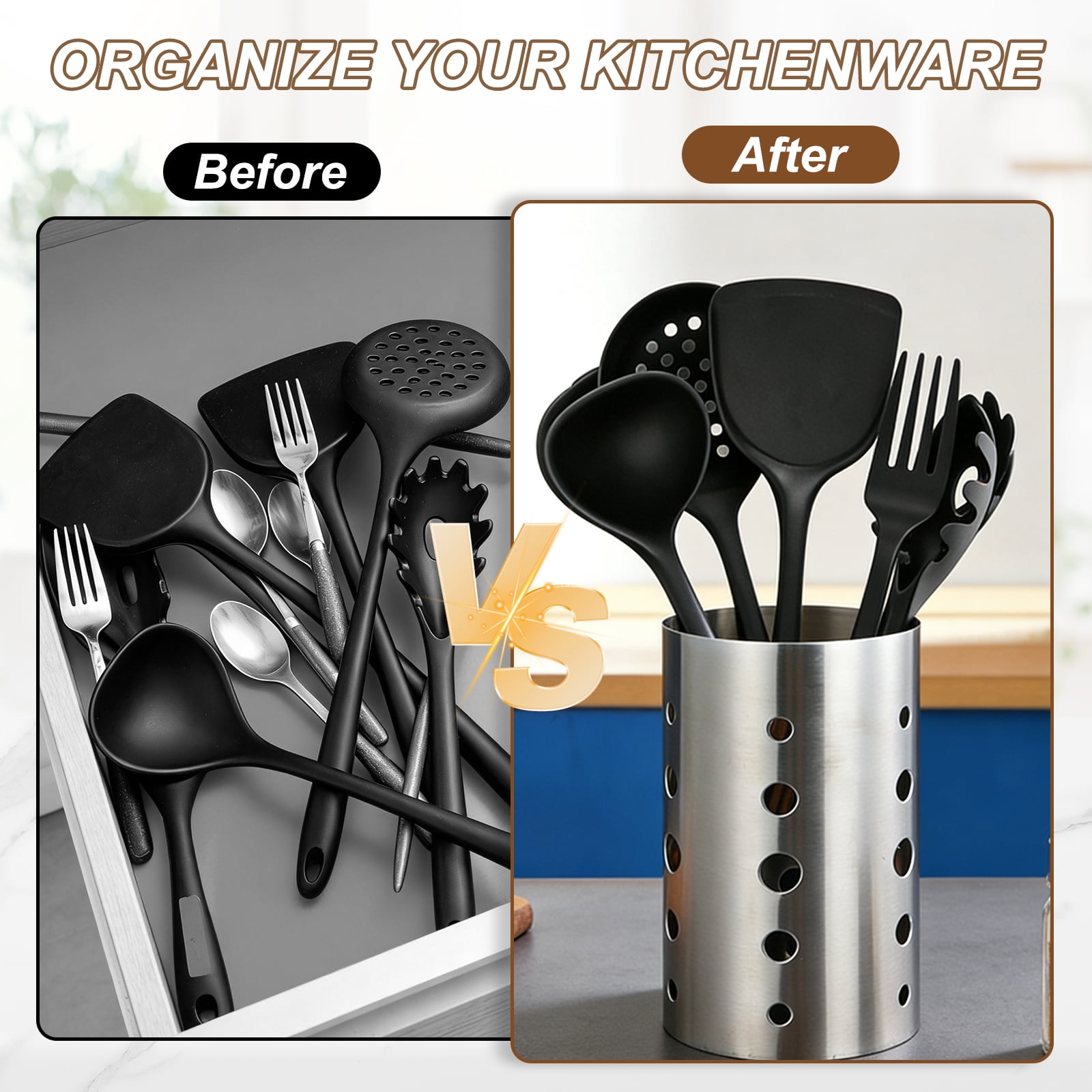 Uxcell Kitchen Utensil Holder, 3.9x5.5" Stainless Steel Utensil Cutlery Holder Round Flatware Organizer with Drain Hole for Kitchen Restaurant Countertop Straw, Spoon, Chopstick, Silver