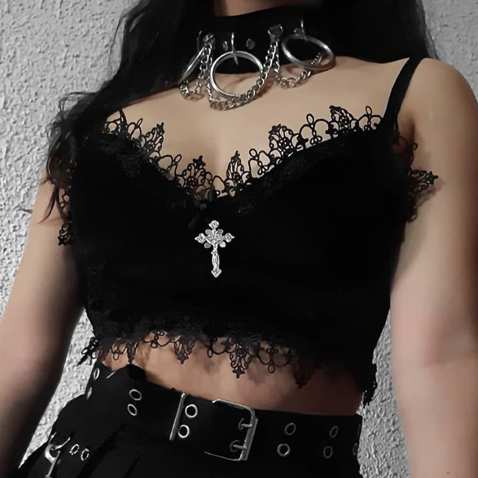 UK Womens Gothic Velvet Lace Cami Tank Vest Crop Top Halloween Party Cross Shirt 