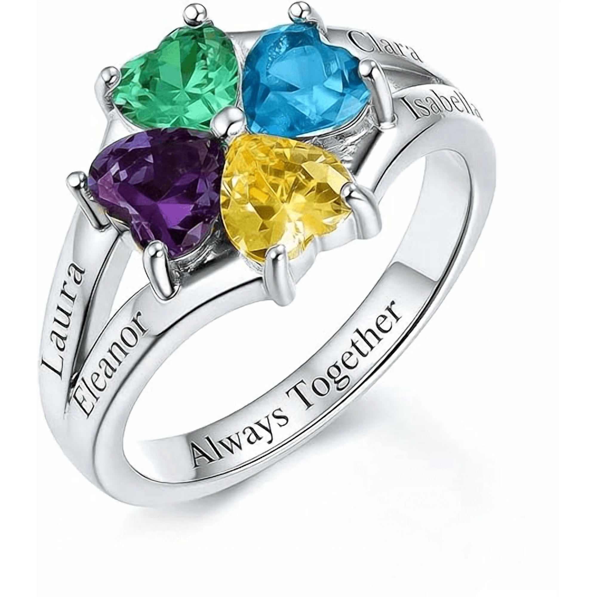 PhaedraOona Personalized Birthstone Ring for Women - Custom 4 Heart Birthstone Rings for Mom Custom Engraved Name Jewelry Promise Rings for Mother's Day & Valentine's Day (Style 5)