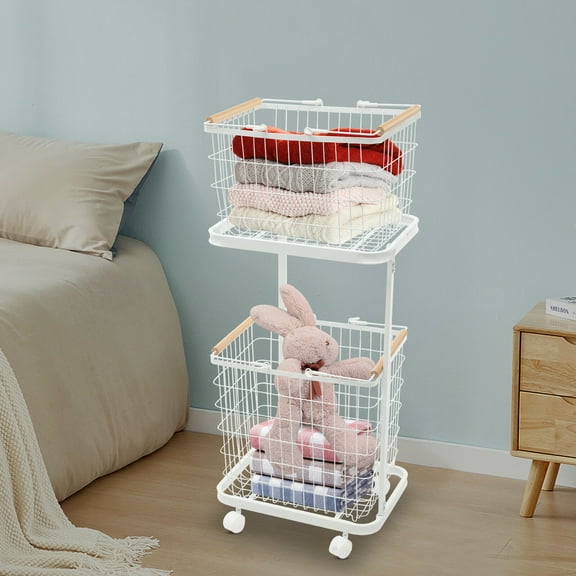 40*29*94cm 2-Tier Metal Laundry Basket Detachable White With Wheels