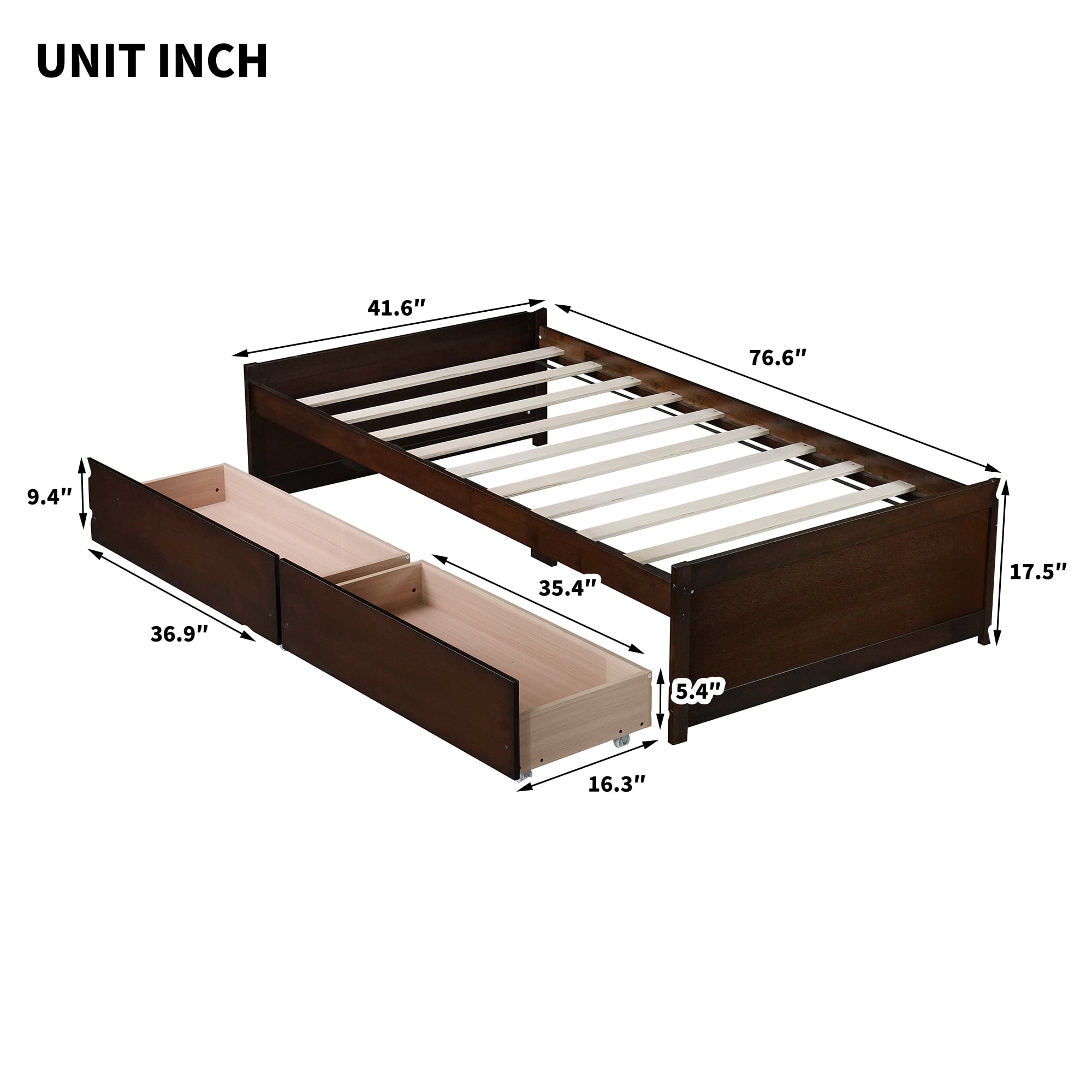 Sailvan Twin Size Bed with 2 Drawers, Solid Rubber Wood Bed