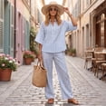 thumbnail image 6 of Cotton Linen Sets for Women Batwing Sleeve Henley Shirt Wide Leg Pants Set Summer Casual Outfit, 6 of 7