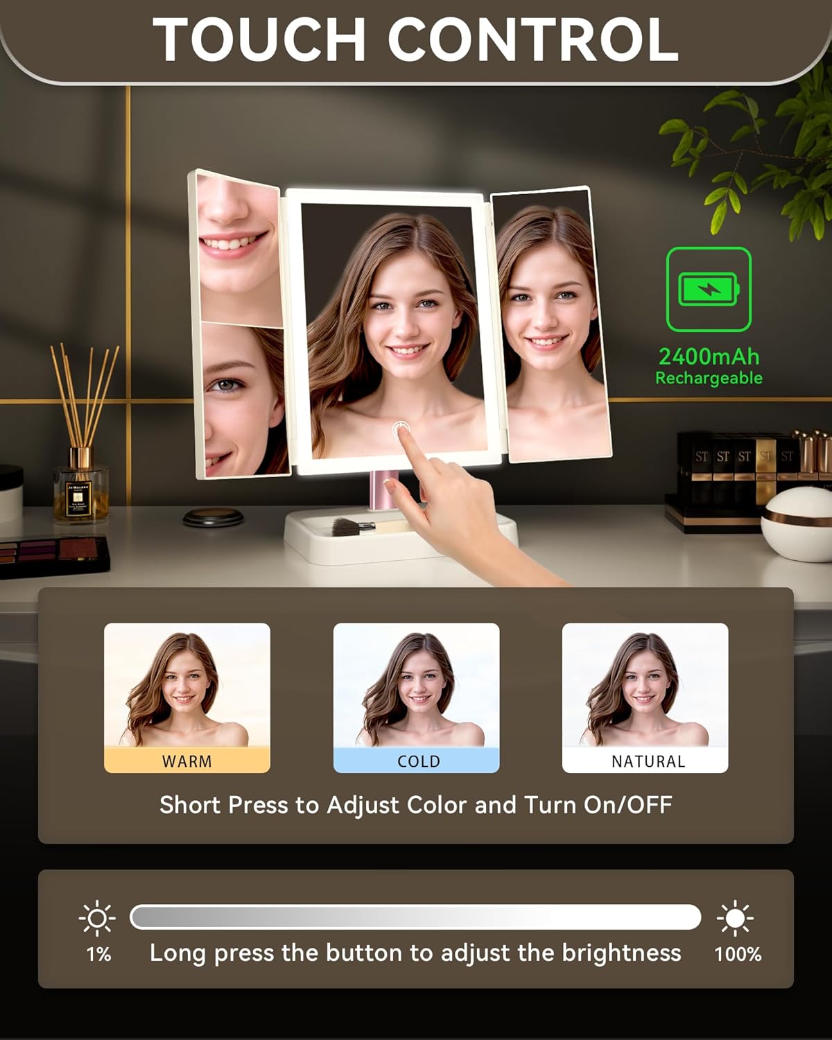 Yzhappy Trifold Makeup Mirror with Lights, 1X 2X 3X photo 4